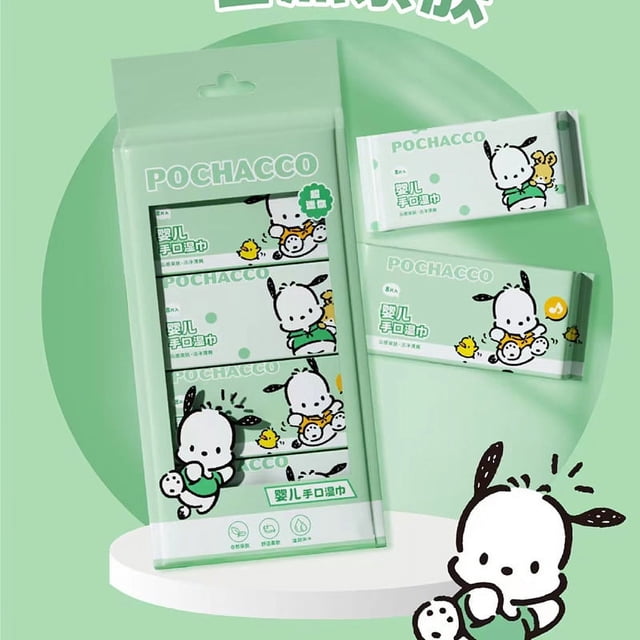 Sanrio-Mini servilletas de papel húmedas portátiles de Hello Kitty, Pochacco Kuromi, dibujos animados, herramienta de limpieza al aire libre, toallita de papel húmedo, 8 paquetes por juego