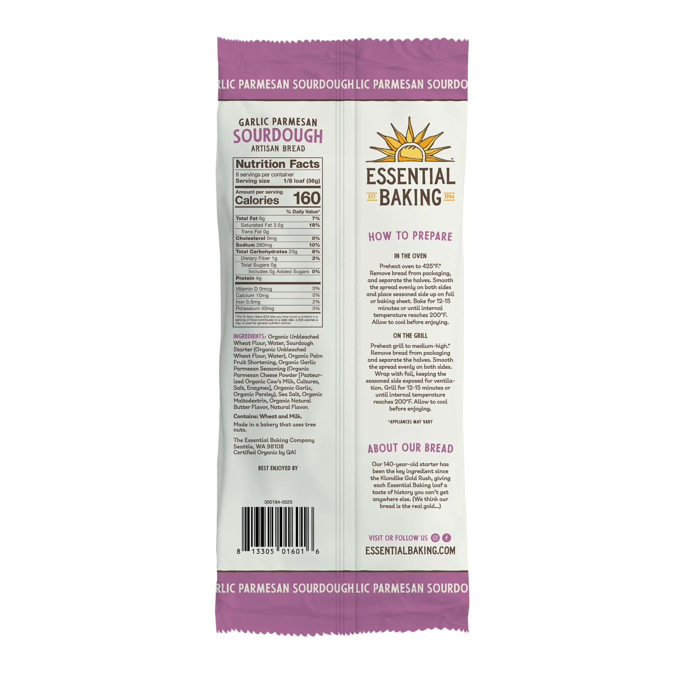 Essential Bake at Home Garlic Parmesan Bread, Certified Organic, Shelf-Stable, 16 oz, 4 Pack