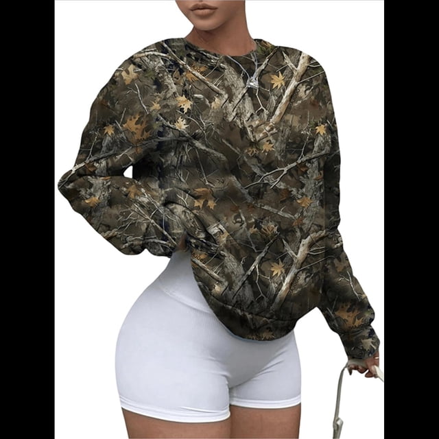 Sudadera con Estampado de Camuflaje para Mujer, Larga, Estilo Vintage Y2K, Estilo Urbano Cuello Redondo S