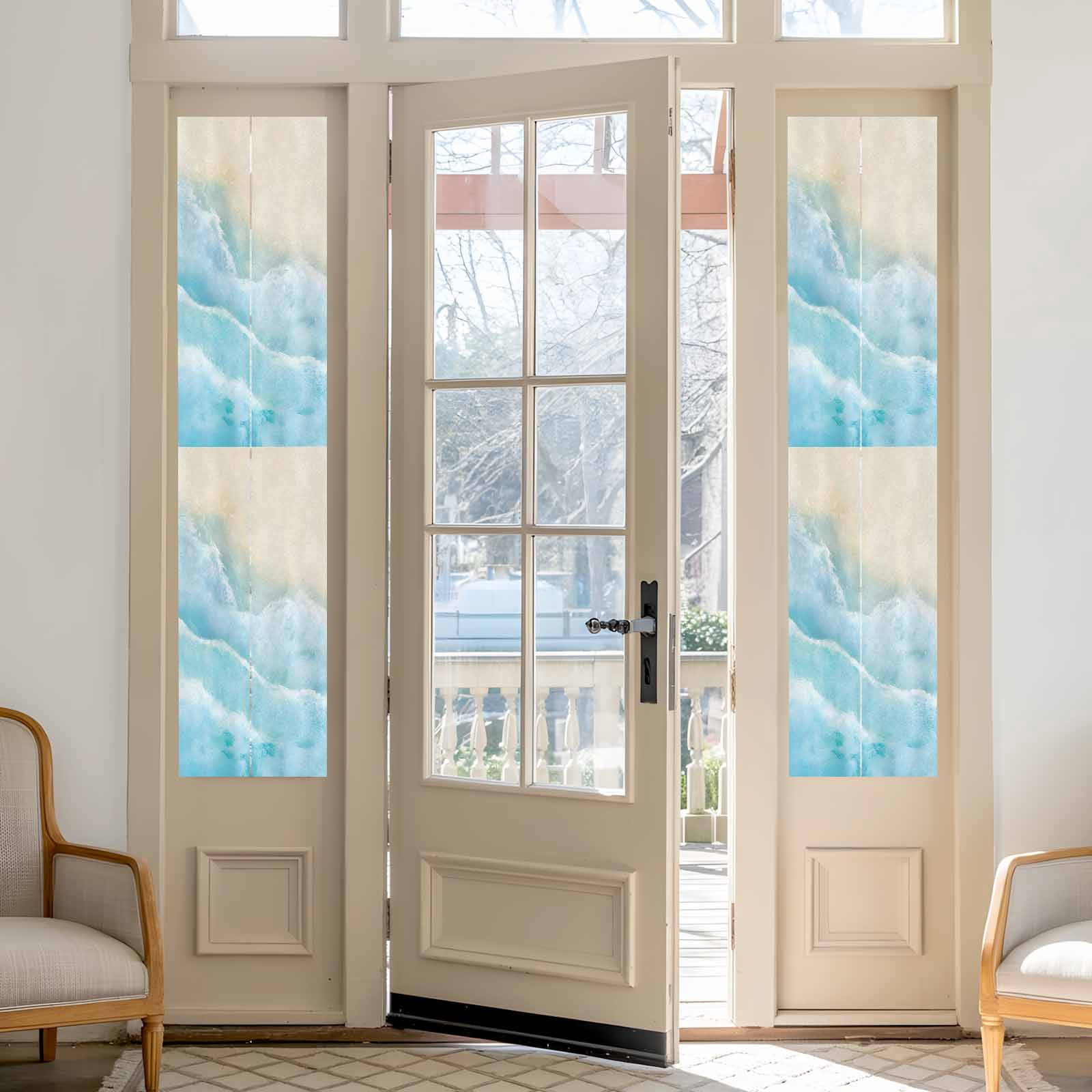Ocean Beach Window Privacy Film, Gradient Blue Ocean Waves Beige Beach Frosted Glass Window Clings Static Cling UV Heat Blocking Reusable Door Sticker for Bathroom 29.5 x 118 Inch