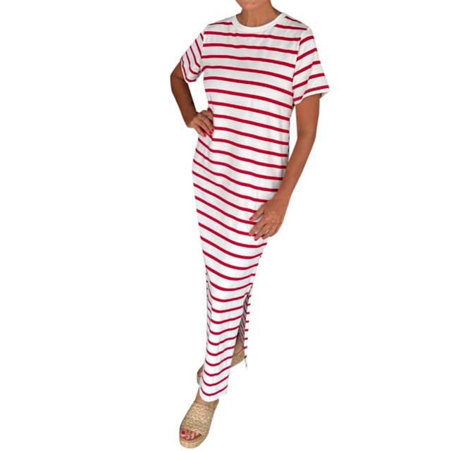 TSADFHJI Jupes pour Femmes Longueur Midi Motif Rayé en Cuir Poche Latérale Robe T-Shirt Décontractée pour Femmes Manches Courtes avec Ourlet Fendu Col Rond Robe de Mode TTG Rouge