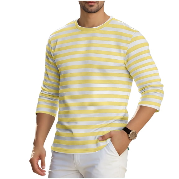 Annhoo Mens Shirts Stripe Block Color Crewneck Pullover Basic Long Sleeve Tops Casual Dressy Clothes