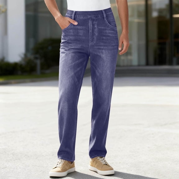 ZunFeo Womens Pull On Pants High Waisted Straight Leg Stretch Purple Ankle Length Casual Comfort Jeans,Size L