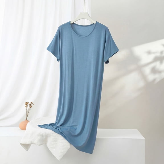 Blmnix Women Nightgown Bamboo Nightgowns Chemise Nightgowns Sleepshirts Nightshirt Blue Below-the-Knee Crew Neck Short Sleeve Sexy Nightgowns for Women,L