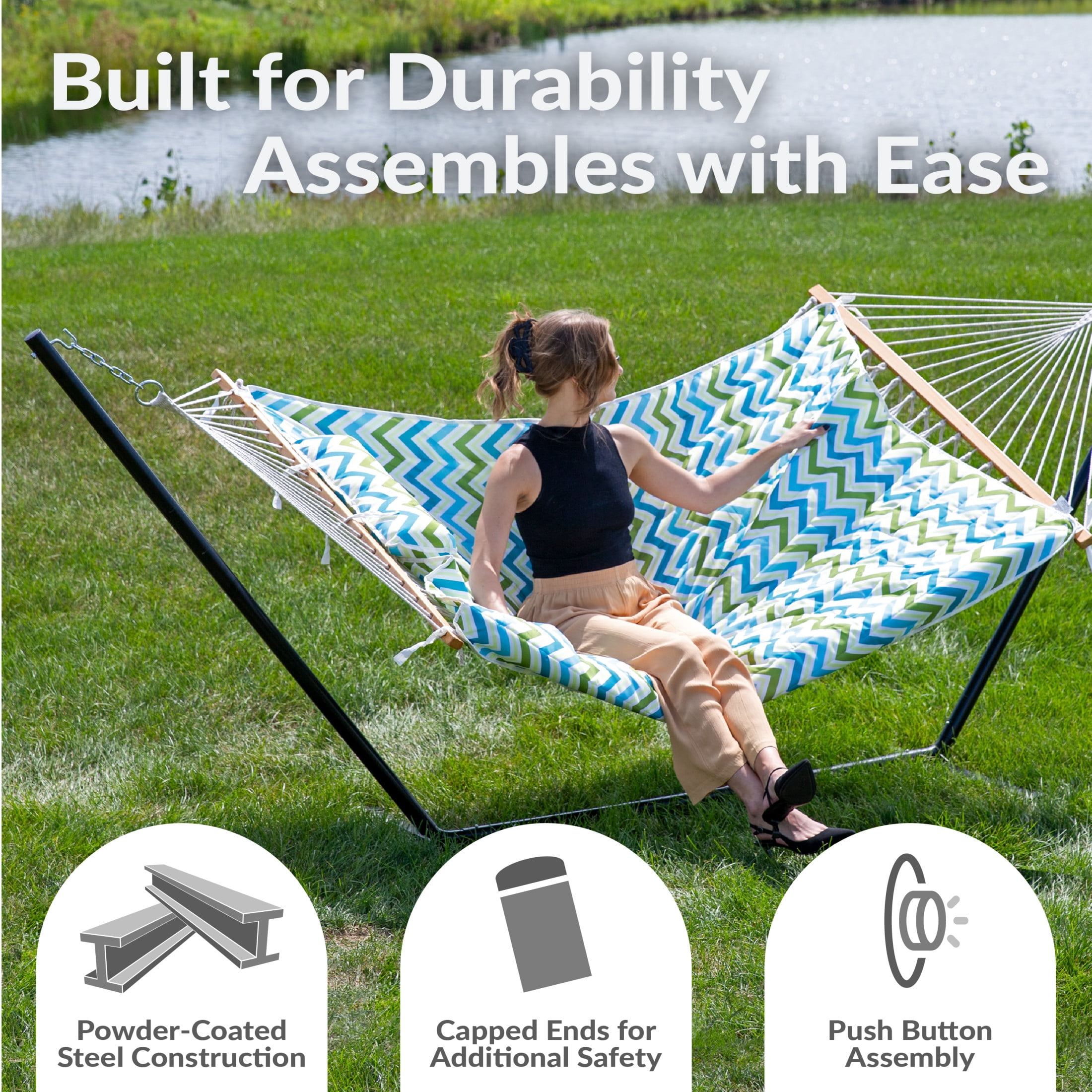 Sunnydaze 2-Person Polyester Spreader Bar Hammock with Stand, 275 lb Capacity - Blue and Green