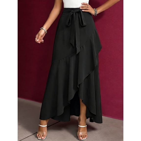 Womens Skirts Spring Summer Tie Waist Ruffle Skirt Silk Elegant High Waist Cocktail Party Wedding Flowy High-Low Hem Formal Skirt