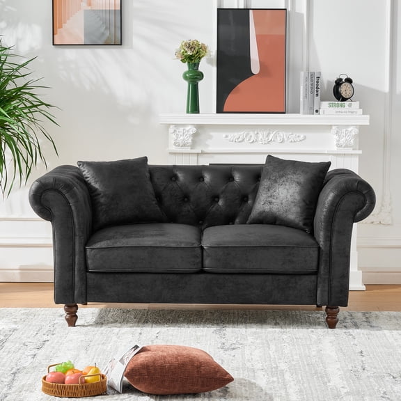 Newest 66"‌tech Fabric Sofa,High-tech Fabric Roll Armrest Sofa,Upholstered Mid Century Modern Couch,2 Seater Couch for Living Room, Office, Apartment, Black