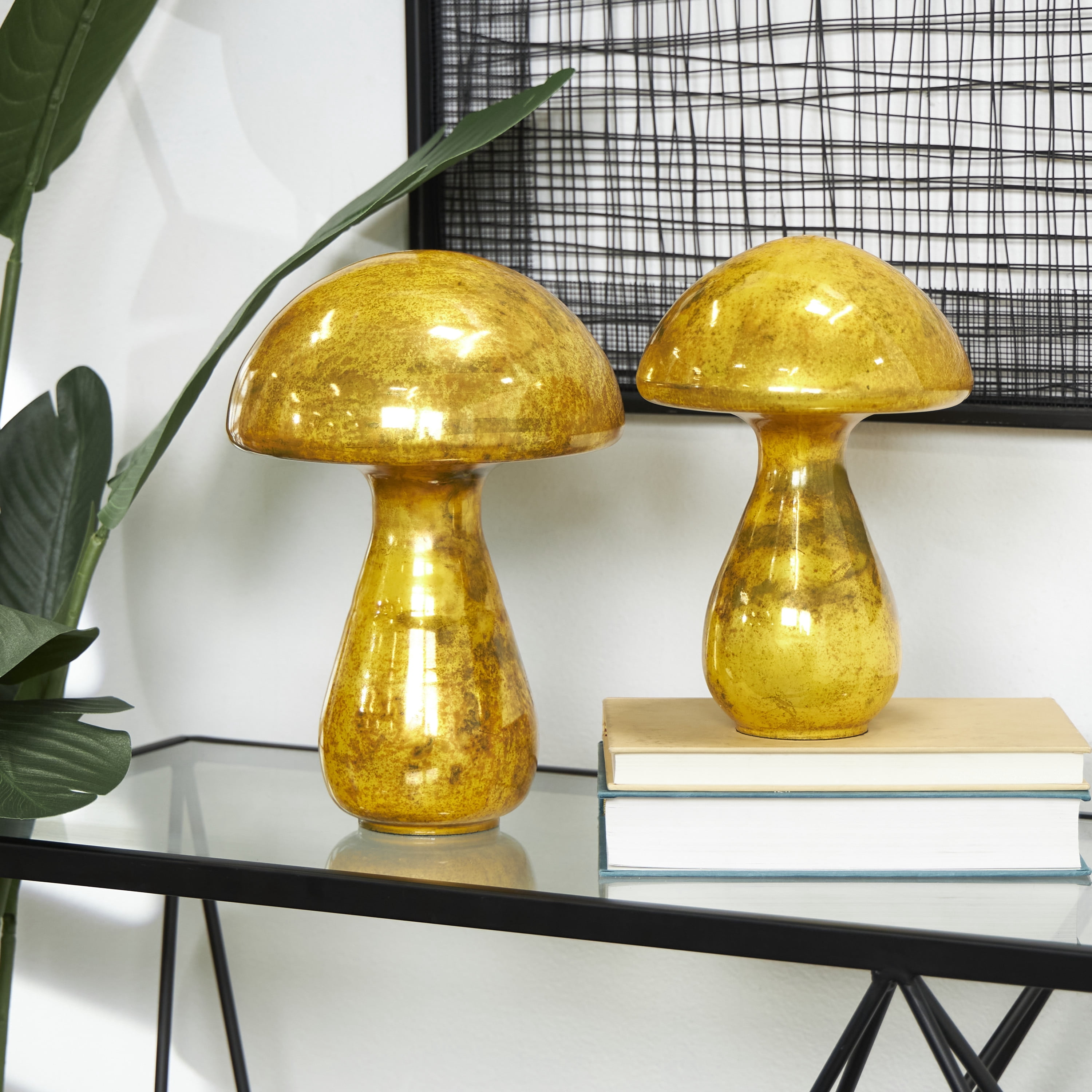12", 10"H Gold Glass Weathered Mushroom Sculpture, by DecMode (2 Count)