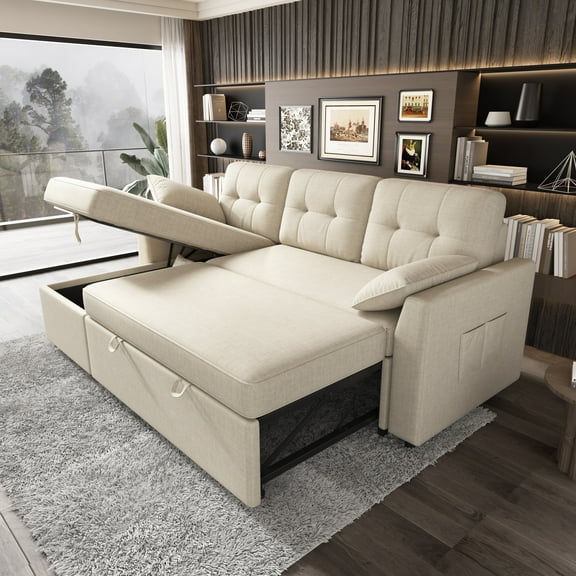 papajet 84" Sectional Sofa with Storage and 3 Seat ,Reversible Pull Out Couch for Living Room,Beige