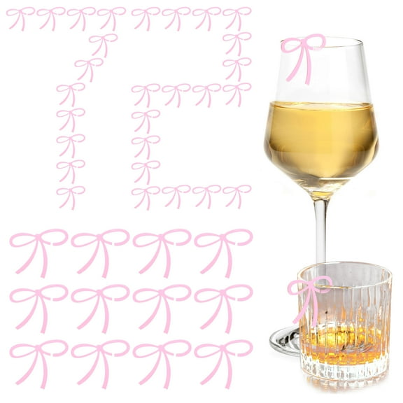 72Pcs Wine Glass Charms Bow Drink Tags Acrylic Wine Cup Bowknot Marker Charm Pink/Black for Birthday Cocktail Party Decoration