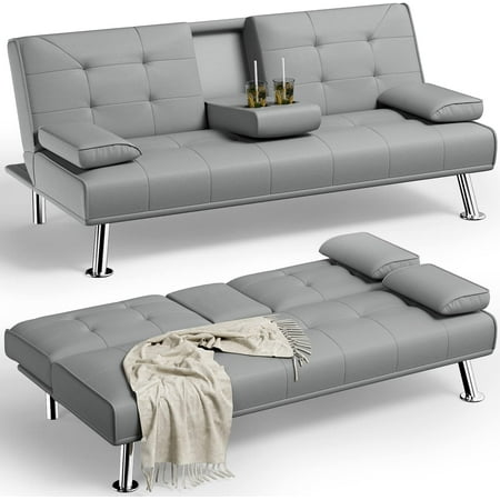 Hersh Futon Sofa Bed Modern Faux Leather Convertible Folding Lounge ...