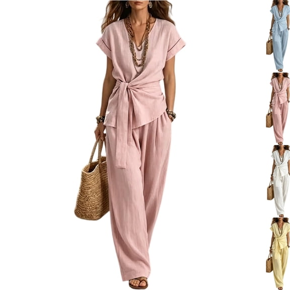 Women's Linen Cotton 2 Piece Pants Sets Dressy Front Twist Knot Short Sleeve Blouse Wide Leg Business Casual Outfits Pink XL