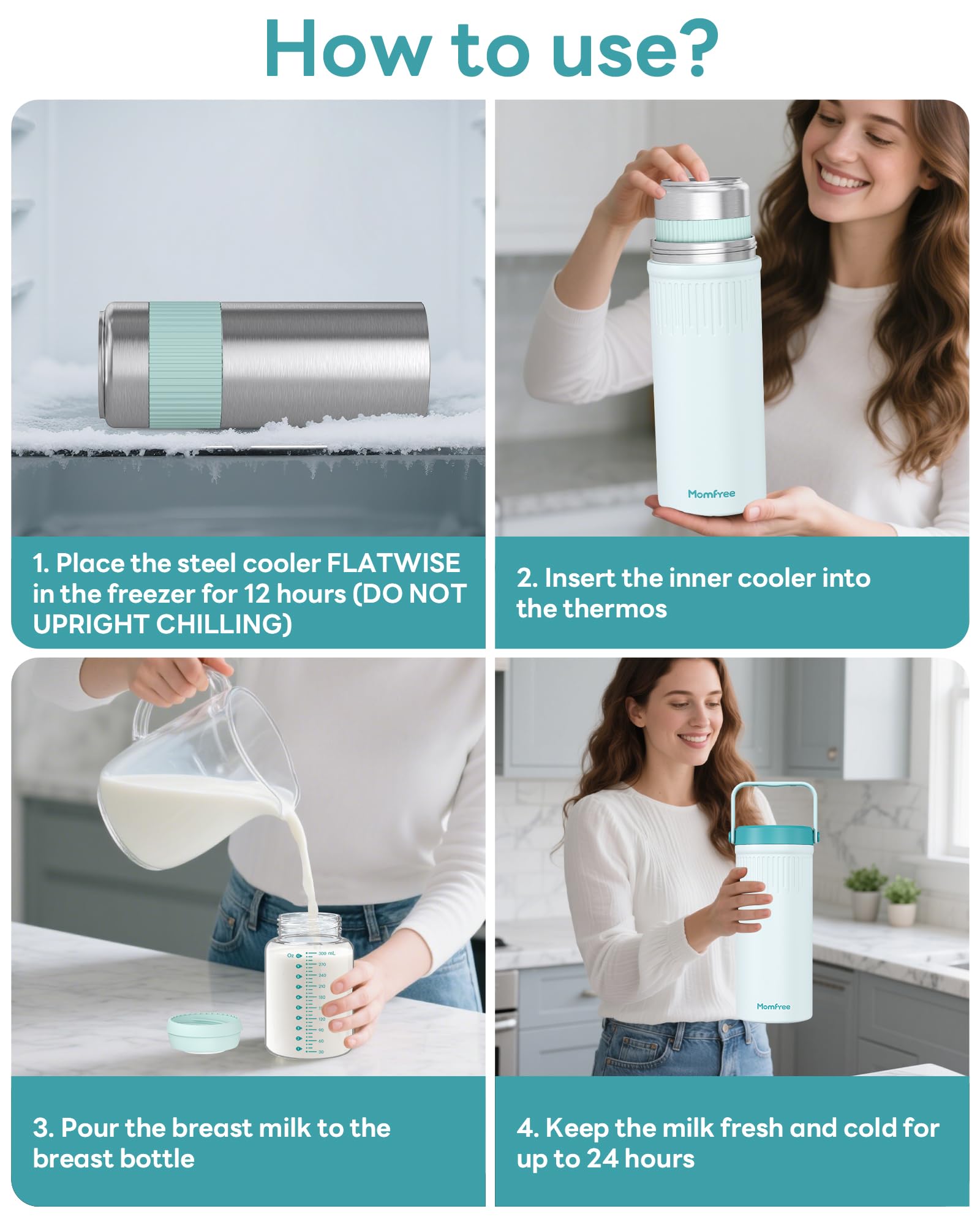 Momfree Portable Breast Milk Cooler, 22oz, 360° 24-Hour Cooling, 304 Stainless Steel, 2 BPA-Free Leak-Proof Bottles, for Travel And Work