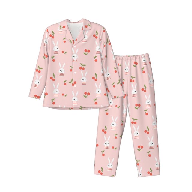 Fotbe Rabbit And Cherry Pijama de Hombre con Estampado de Manga Larga, Conjunto de 2 Piezas, Ropa de Dormir Suave y Cómoda con Bolsillos-X-Large