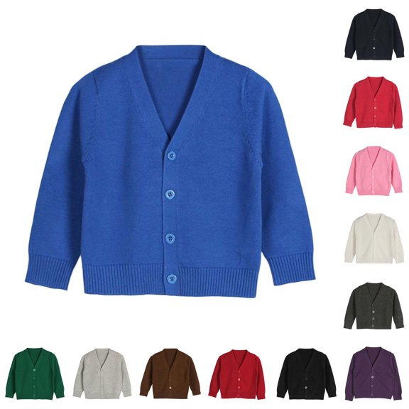 Krdevn Kids Knit Cardigan, Solid Color V‑Neck Button Down Long Sleeve Sweater, Soft Knitted Outerwear for Boys Girls Casual Layering Tops,Blue