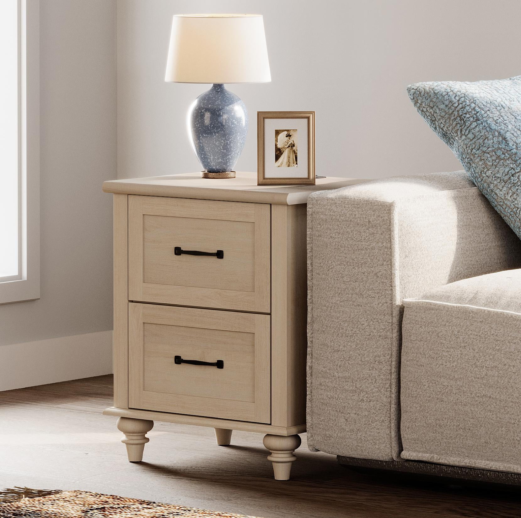 End Table with Charging Station, 2-Drawer Nightstand for Bedroom, Elegant Side Table for Living Room, Dorm, Beige