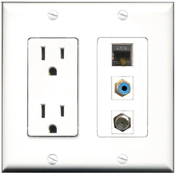 RiteAV - 15 Amp Power Outlet 1 Port RCA Blue 1 Port Coax 1 Port Shielded Cat6 Ethernet Ethernet Decorative Wall Plate