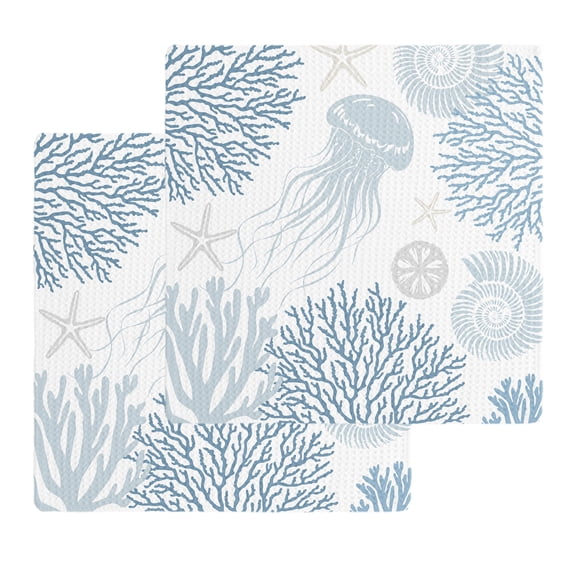 Light Blue Coastal Kitchen Dish Towels for Drying Dishes Set of 2, Coral Jellyfish Starfish Ocean Nautical Waffle Weave Microfiber Hand Tea Bathroom Towels Quick Dry & Absorbent Towel 12x12