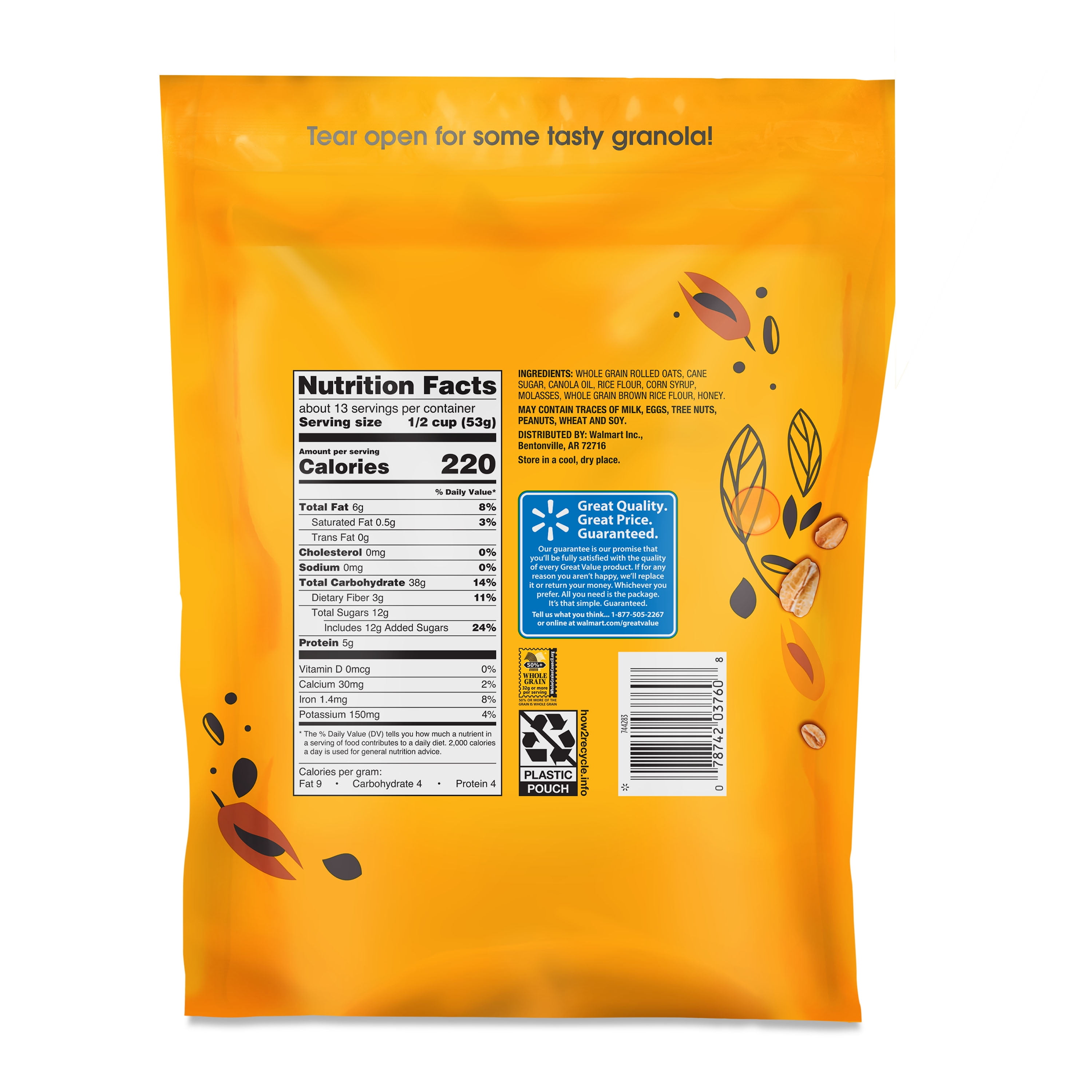 (10 pack) Great Value Oats & Honey Granola, 24 oz