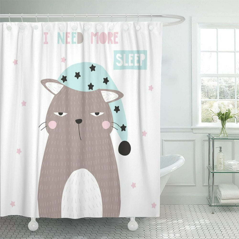 KSADK Blue Sweet Funny Cat with Slogan Hand Drawn Animal Shower Curtain
