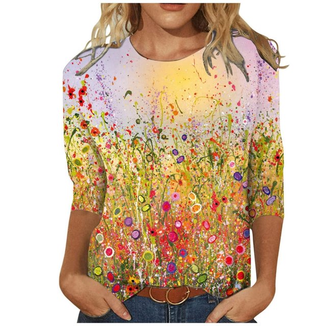 CHOK Chemises à Manches 3/4 pour Femmes, Col Rond Décontracté, Imprimé, Chandail d'Été Tendance, Blouses Douces et Confortables, Jaune S