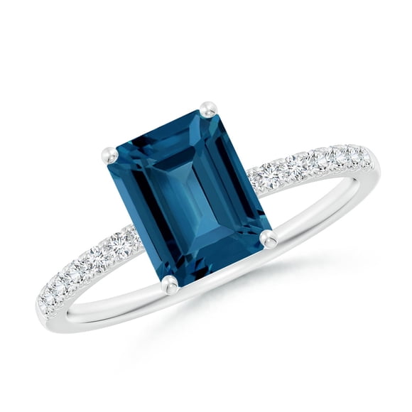 Angara Natural London Blue Topaz Ring - Emerald-Cut 1.95 ct London Blue Topaz Engagement Ring with Diamonds in 14K White Gold for Women (Ring Size = 8)