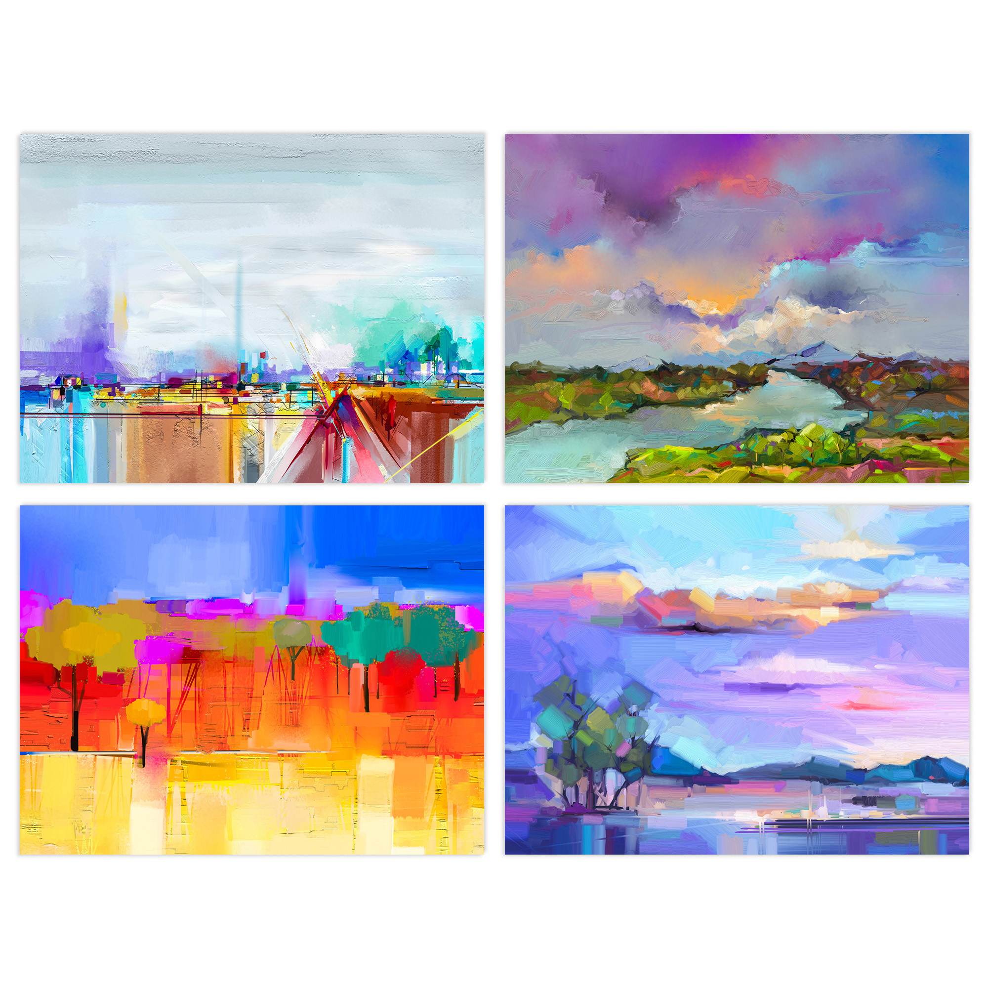 Pack of 4 Bright Multicoloured Coastal Landscape Abstract Oil Painting