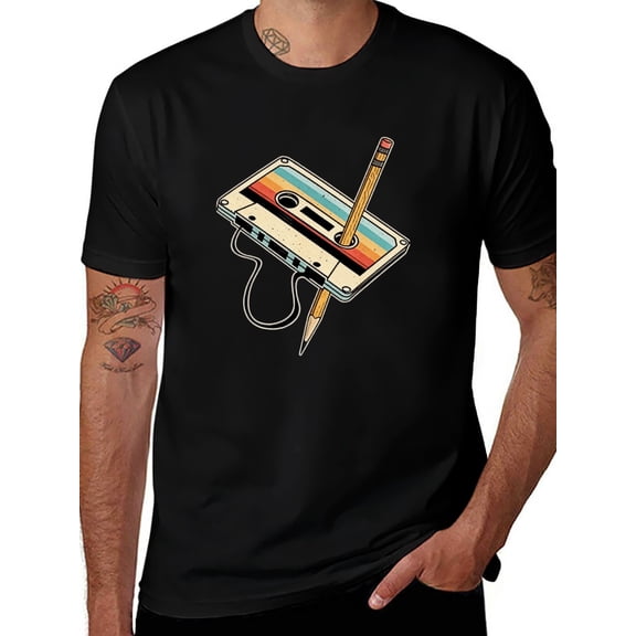 Vintage Retro Music Cassette Tape with Pencil Design T-Shirt - Soft Cotton Short Sleeve Tee with Fun 80s 90s Nostalgic Print for Men and Women, Perfect Gift for Music Lovers