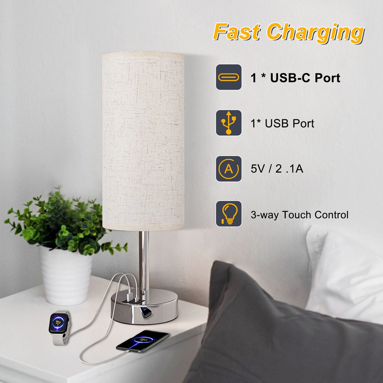 HadinEEon 15.4" Table Lamp, 3 Way Dimmable Light Touch Lamp, USB C&A Fast Charging Ports, Fabric Shade Silver Base, for Bedroom, Living Room, Office