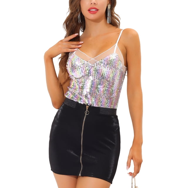 INSPIRE CHIC Blouse à Sequins pour Femmes, Panneau en Maille, Sans Manches, Haut de Fête Multicolore P