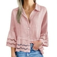thumbnail image 3 of Turn-down Collar Women Casual Lace Hem Button Blouse 3/4 Sleeve Tops, 3 of 4
