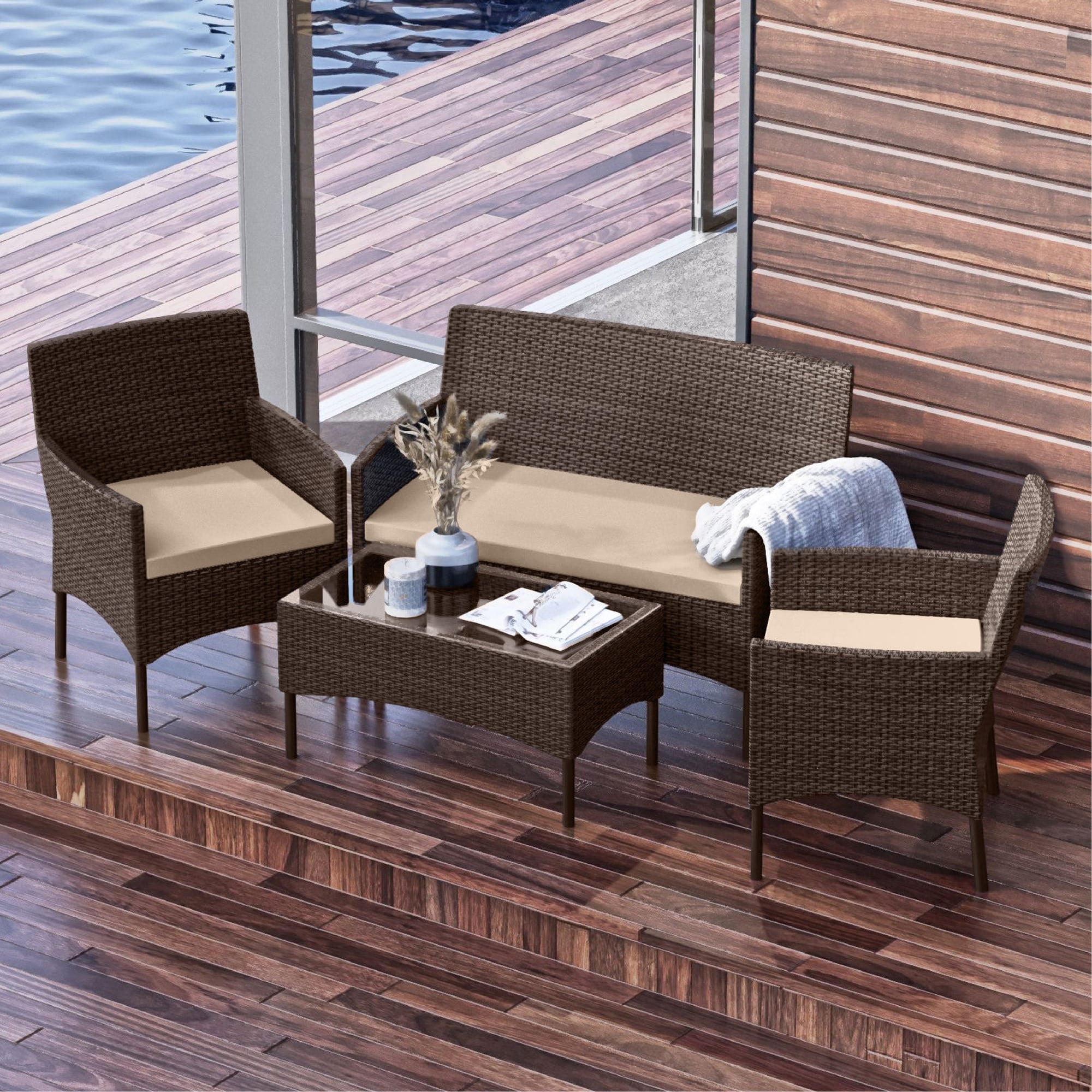 Hearth & Harbor Outdoor Furniture Set, 4 Piece Wicker Patio Chairs Set, Brown with Beige Cushions
