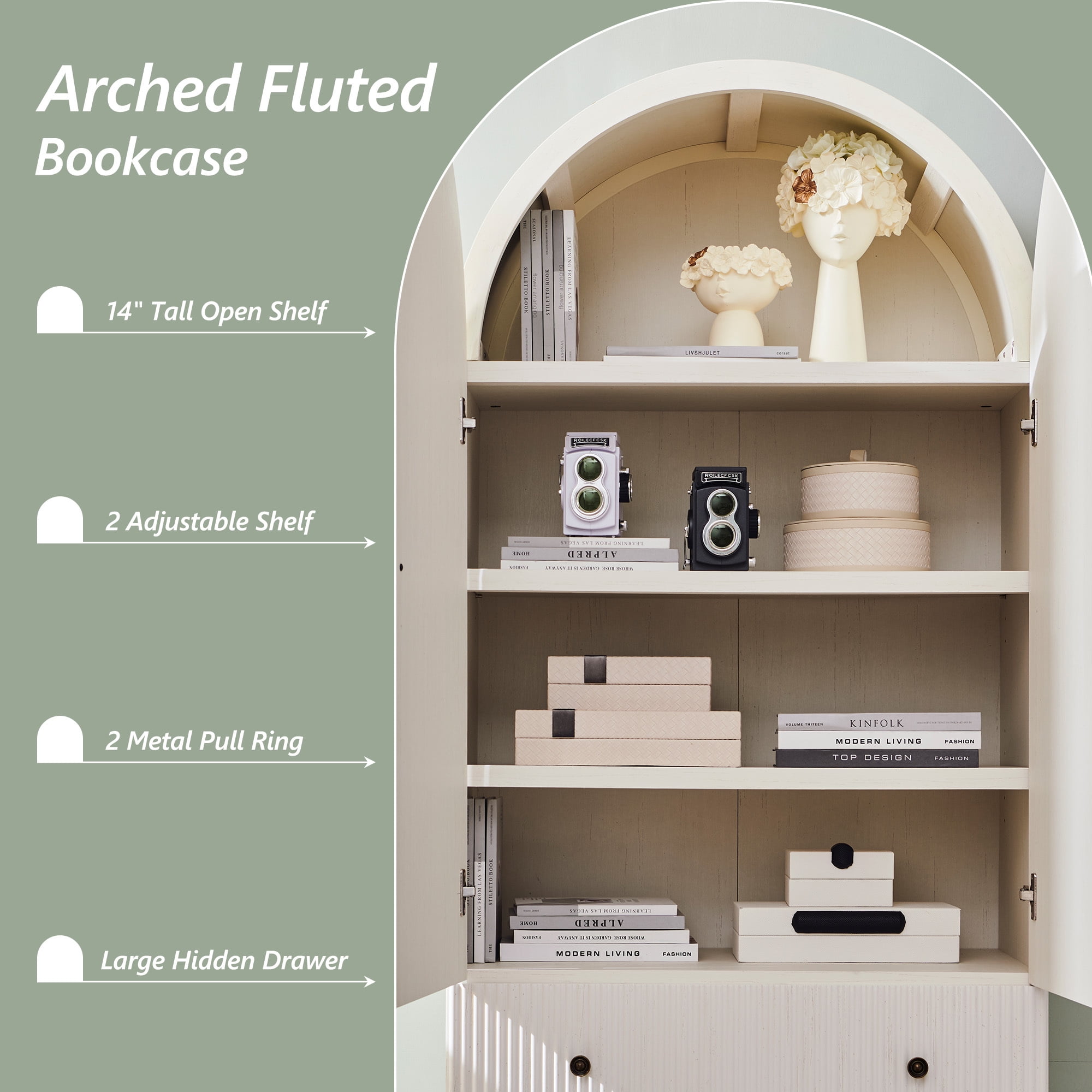 Aitjunz Fluted Arched Pantry Storage Cabinet, 71'' Kitchen Tall Cabinet with 2 Doors & 2 Large Drawers, Wooden Cabinet w/Adjustable Shelves for Dining Room and Living Room, Natural