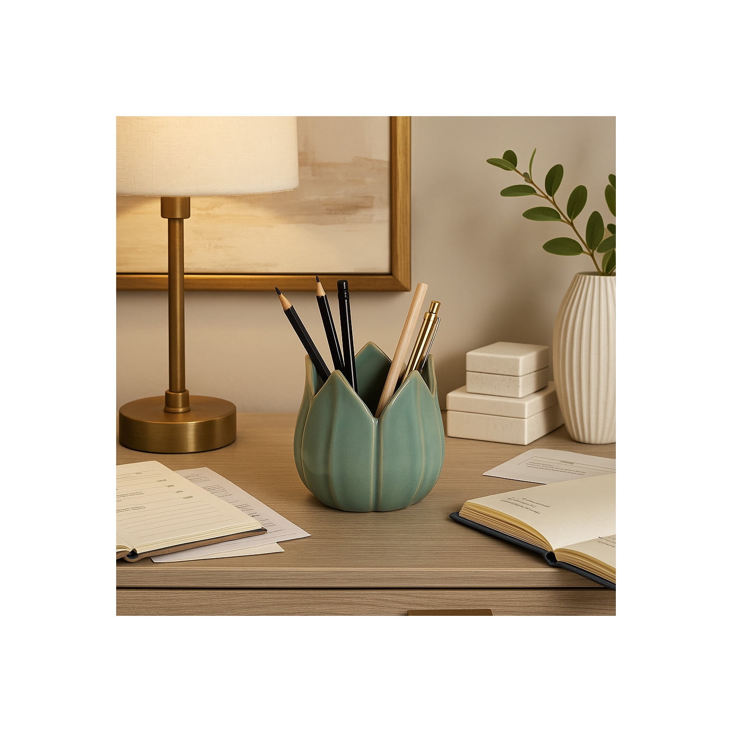 Decorative Ceramic Tulip Desk Organizer for Home Decor - Cute Office Accessory Decor for Small Desk Storage or Workspace Supplies - Stylish Destop Organizer for Bedroom or Bathroom - 4", Green