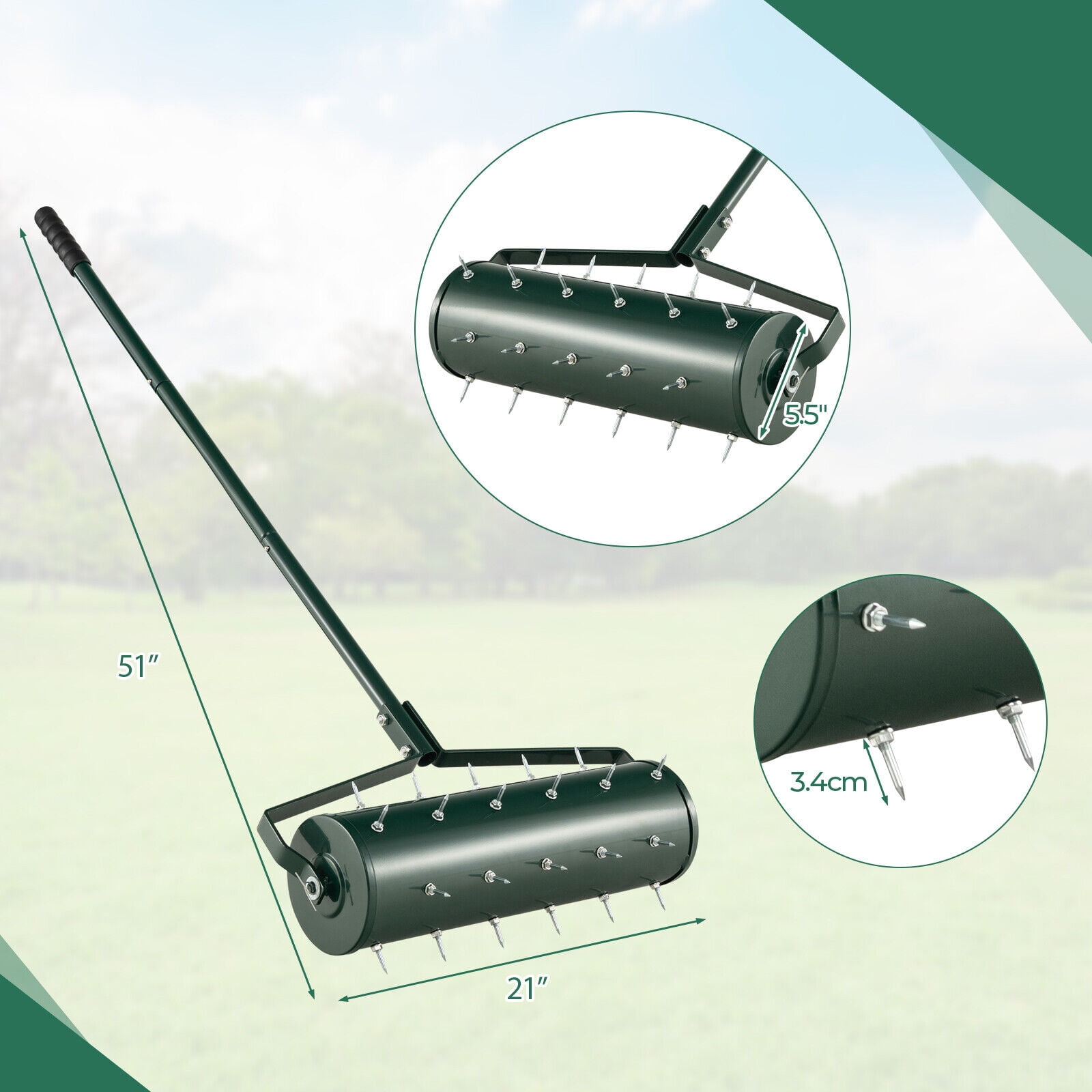 Amijoy 21" Manual Lawn Aerator Heavy Duty Rolling Push Grass Aeration Tool with Handle