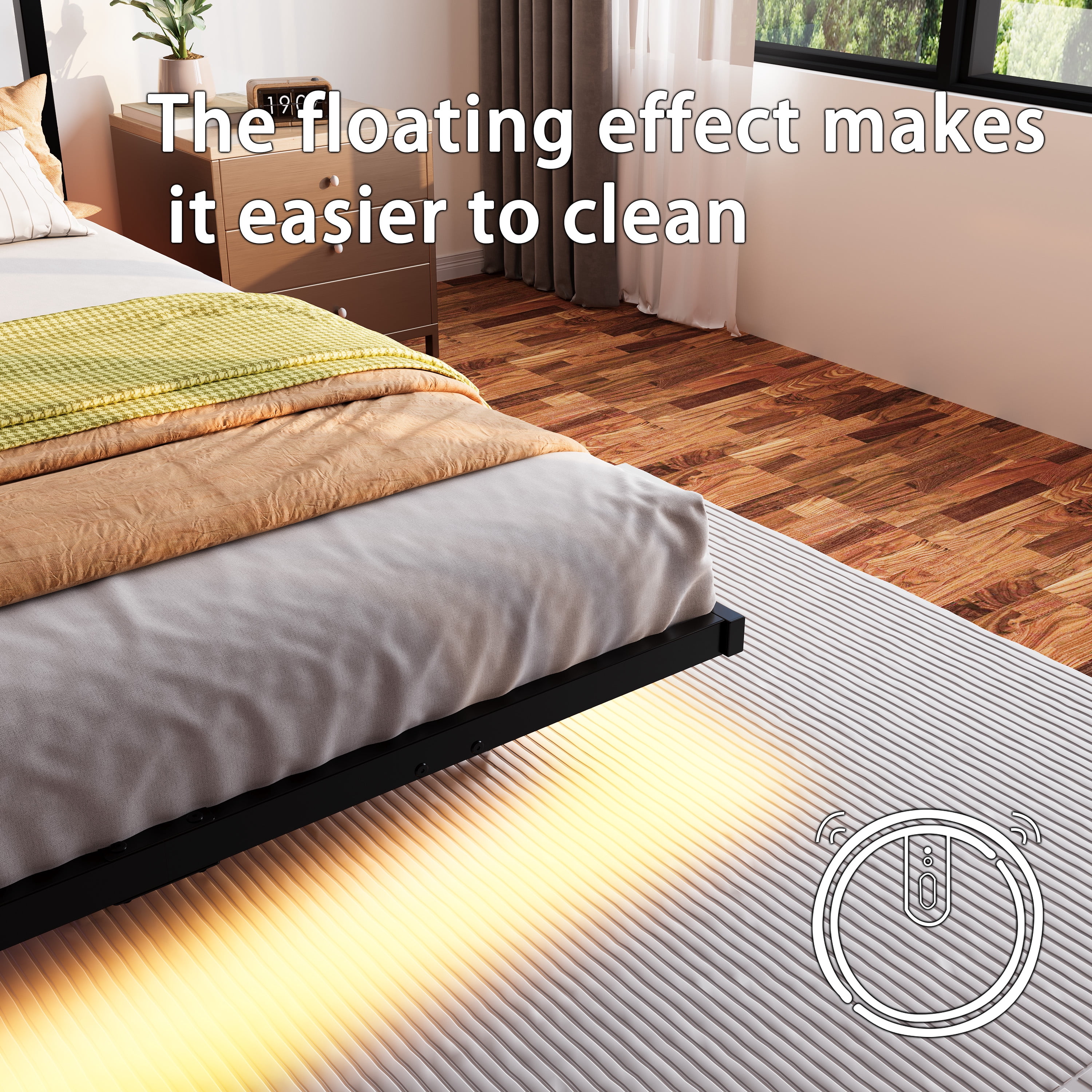 Miniyam Queen Size Floating Metal Platform Bed with RGB LED Lights, Storage Headboard with AC & USB Charging Ports, Black