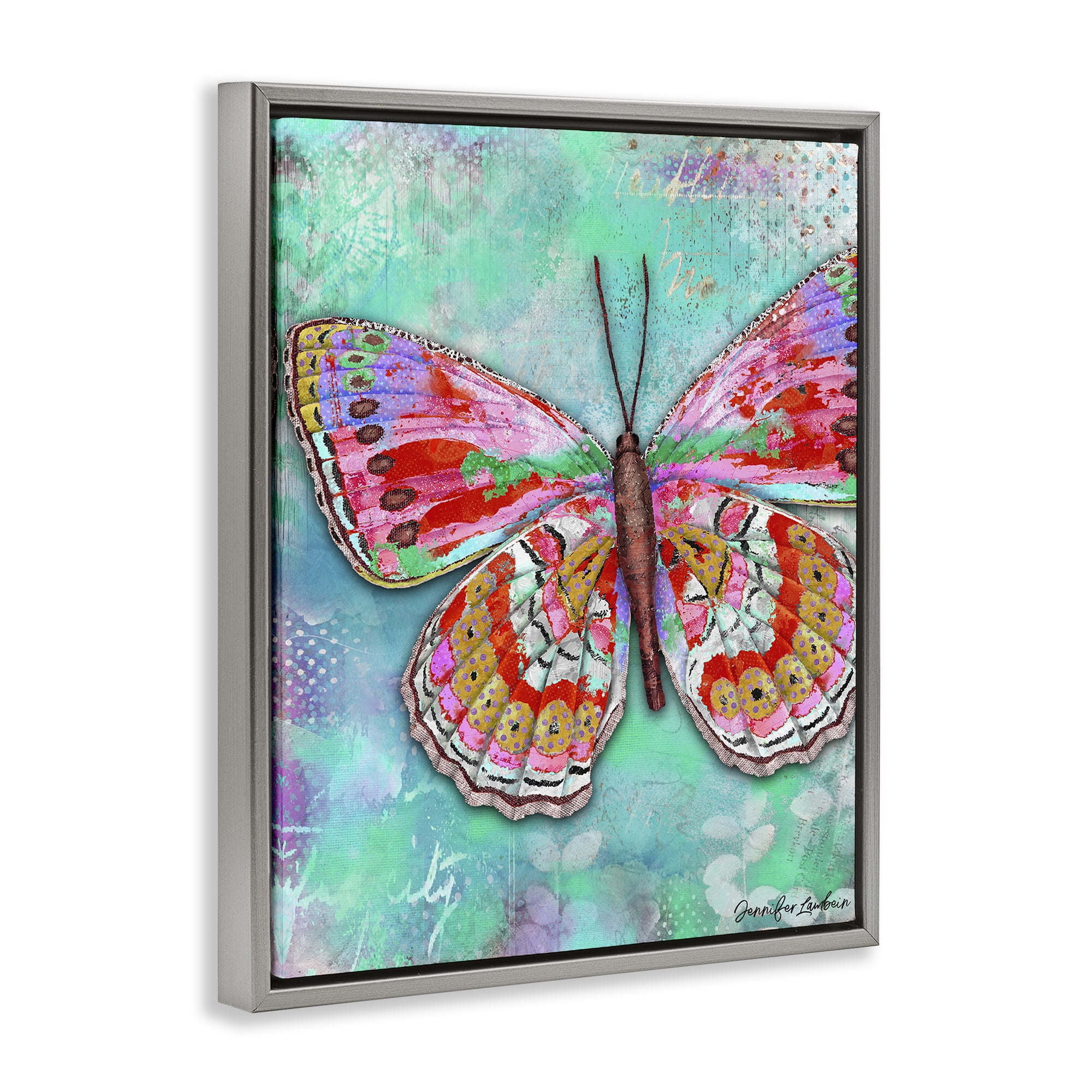 Stupell Industries Cherry Mint Butterfly Animals Painting Gray Floater Framed Canvas Art Print Wall Art, 17 x 21