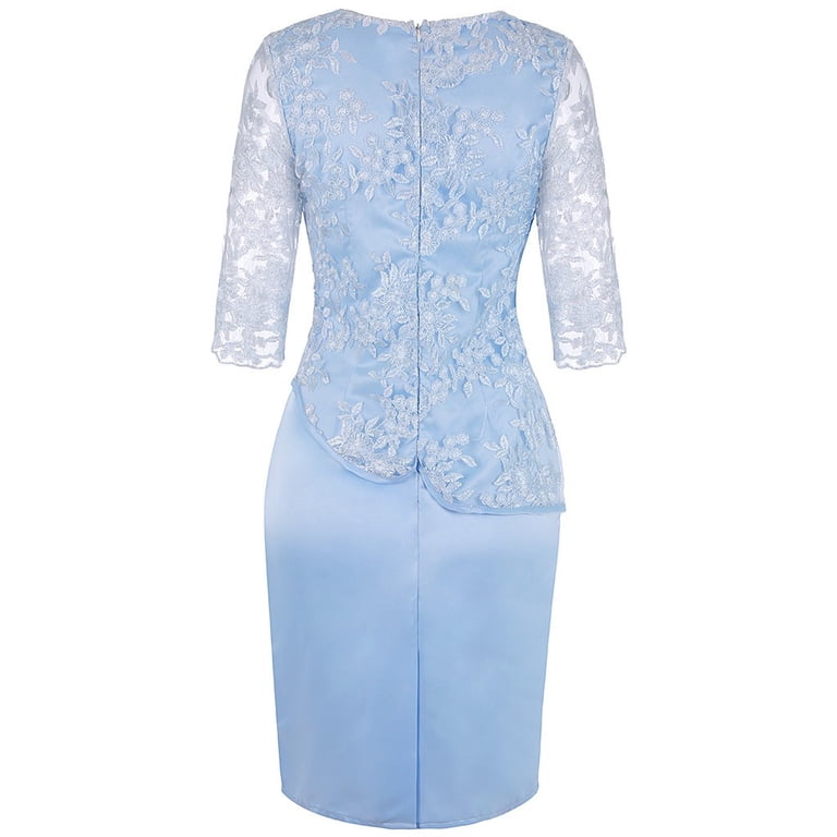 Wtxue Flowy Dresses for Women, Plus Size Women Lace Short Sleeve Midi Dress Ladies Cocktail Evening Party Dress, Blue Dress Women, Sky Blue 2XL