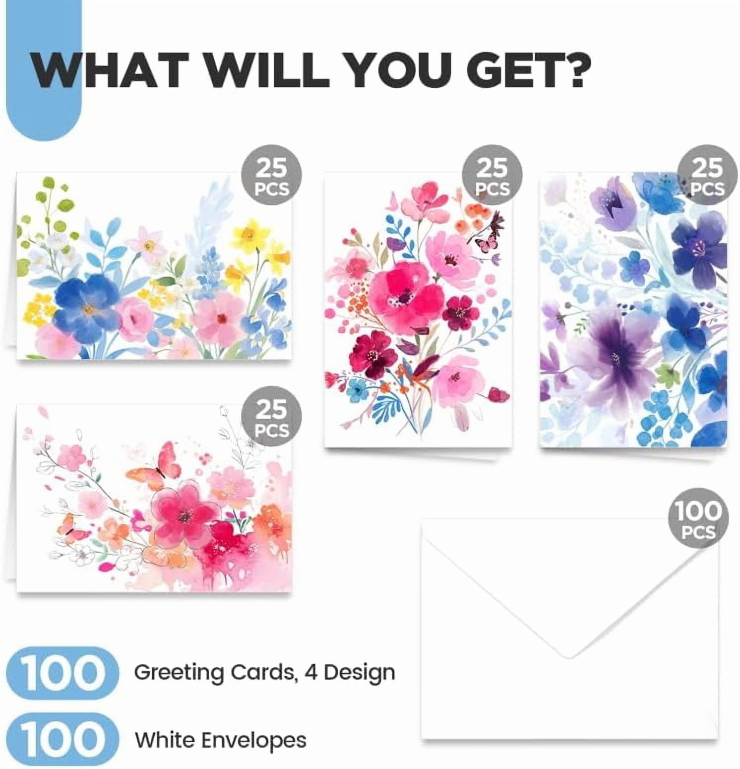100 Pack Blank Cards and Envelopes, 3.5 x 5 Inch Watercolor Flowers Blank Greeting Cards, Note Cards Blank Inside, Invitation Cards, Blank Cards for All Occasions Bulk