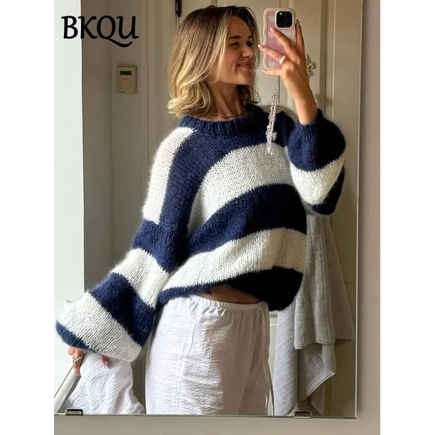 BKQU, suéter elegante de punto a rayas para mujer, jerséis holgados informales de manga larga con cuello redondo para mujer, jersey de punto de calle para invierno 2024