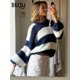 thumbnail image 1 of BKQU, suéter elegante de punto a rayas para mujer, jerséis holgados informales de manga larga con cuello redondo para mujer, jersey de punto de calle para invierno 2024, 1 of 5