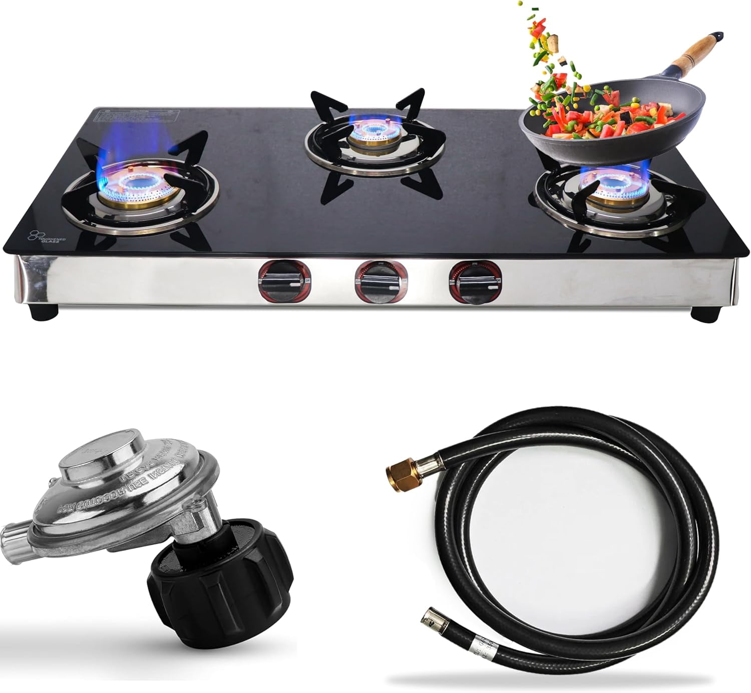 3 Burner Propane Stove - 30" Black Tempered Glass Counter Top Stove Gas Camping Stove with Stainless Steel Base 3 Burner Gas Stove Top for Cooking Range Gas kitchen Stove, with Hose & Regulator