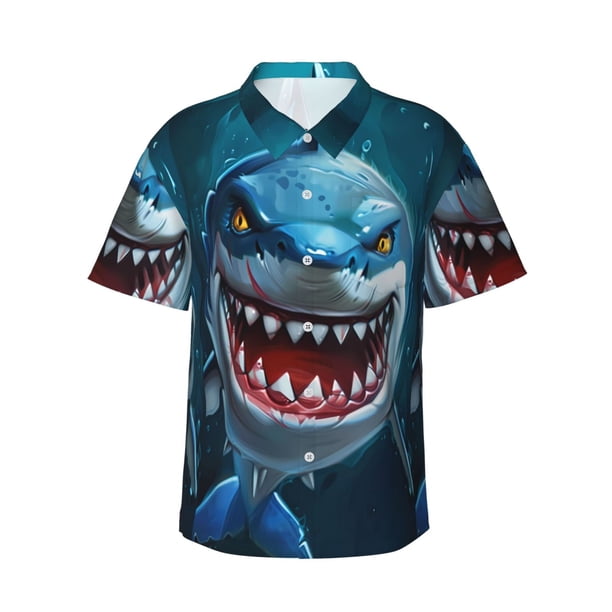 Fotbe Cartoon Cute Shark Camisa Hawaiana para Hombre Unisex – Camisa Casual de Verano con Botones de Manga Corta de Algodón y Lino,XX-Large