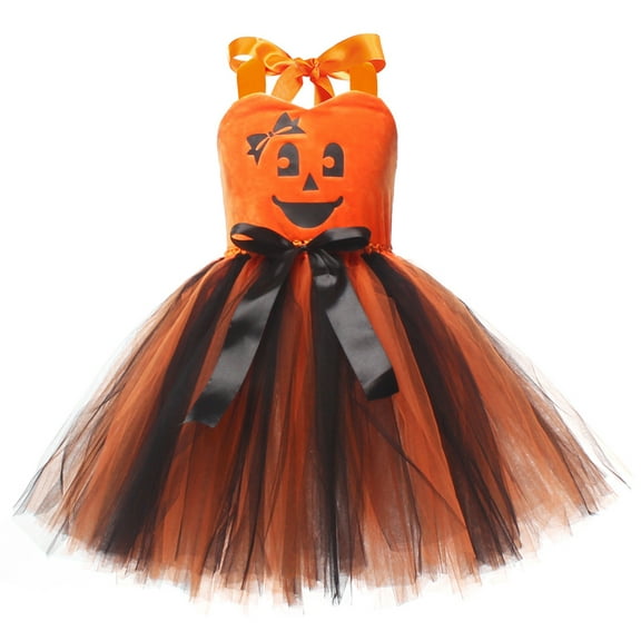 IBTOM CASTLE Kids Girls Halloween Pumpkin Tutu Dresses with Headband Bag Cosplay Princess Fancy Dress up Outfits 6-7 Years Orange   Black