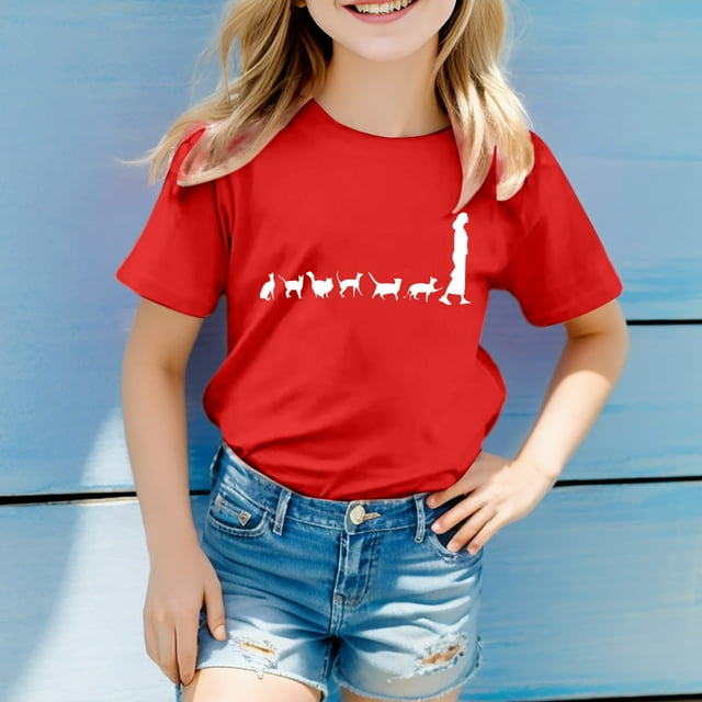 Chandails pour Filles, T-Shirt Imprimé à Manches Courtes pour Filles, Col Rond, Vêtements d'Été, Vêtements pour Tout-Petites Filles, Vêtements pour Filles 6-7 Ans