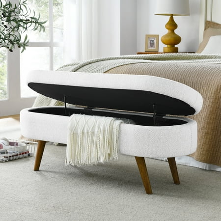 Bellemave Oval Storage Bench Modern Linen Fabric Upholstered Bench with Solid Wood Legs Storage Ottoman Bench Seat for Bedroom Living Room Entryway (White)
