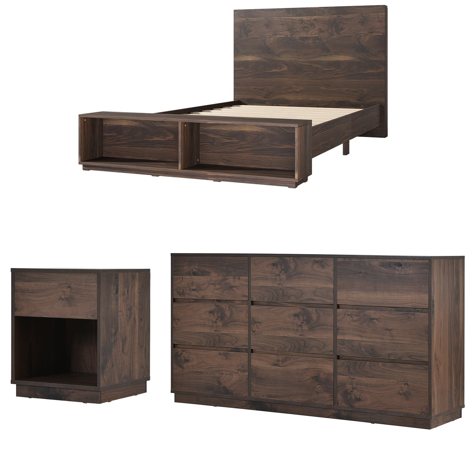 Kadyn 3 Pieces Walnut Bedroom Sets Queen Size Platform Bed, Queen Bed with Storage Bench, Solid Wood Nightstand and 9-Drawer Dresser for Bedroom Kadyn 3 Pieces Walnut Bedroom Sets Queen Size Platform Bed, Queen Bed with Storage Bench, Solid Wood Nightstand and 9-Drawer Dresser for Bedroom
