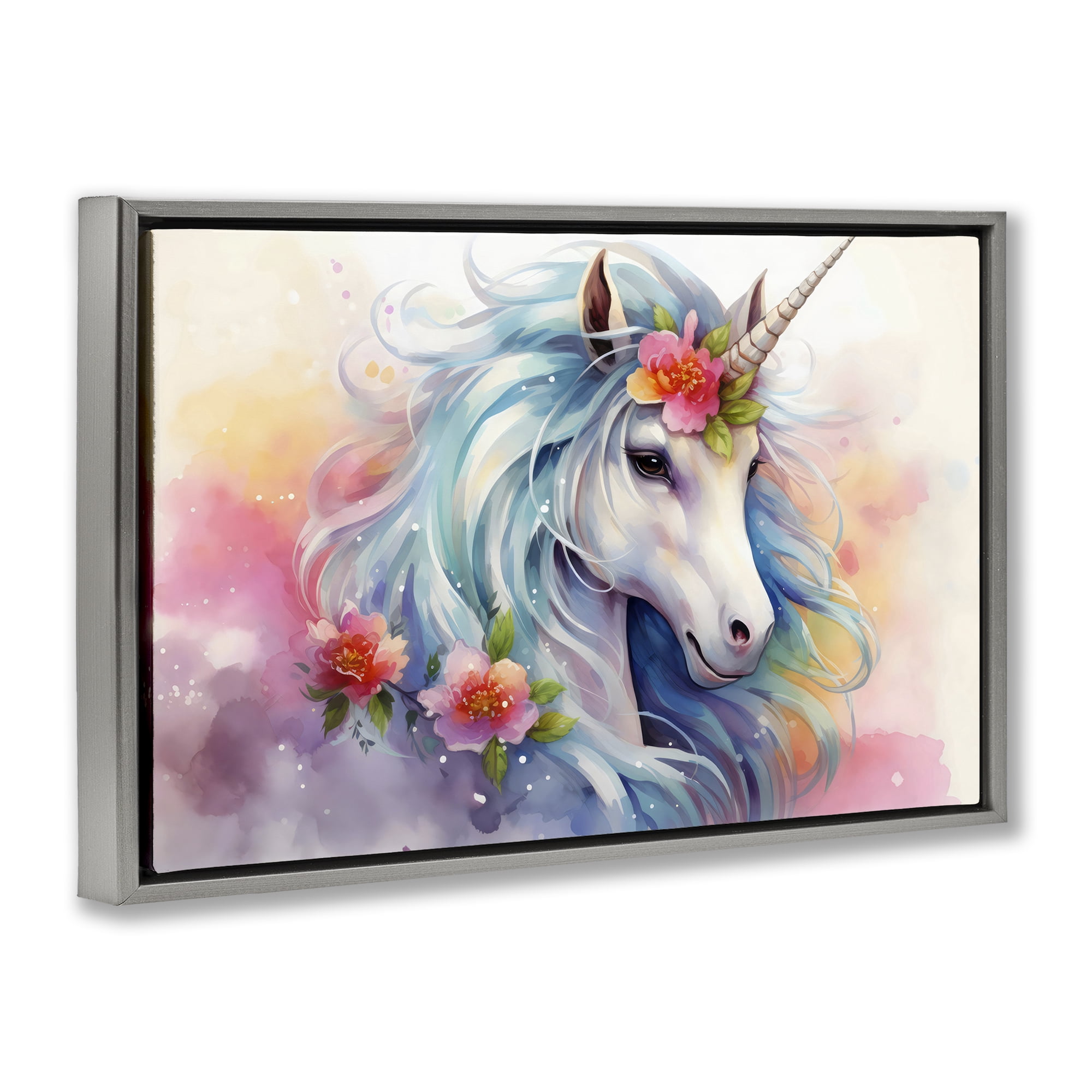 Stupell Industries Magical Unicorn with Blossoms Gray Framed Floater Canvas Wall Art, design by Creative Studio