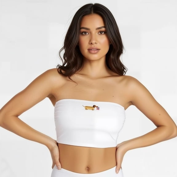 asdoklhq Strapless Tankini Top for Women Dachshund Bathing Suit Embroidered Bandeau Cropped Tankini Top Dog Lover Swimwear with Straps Cute Summer Beach Top White M