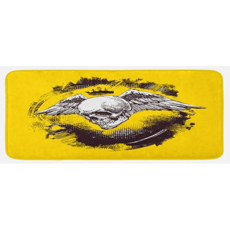 

Tattoo Kitchen Mat Death Angel Crowned Skull Drawing Wide Magnificent Feather Wings Plush Decorative Kitchen Mat with Non Slip Backing 47 X 19 Yellow Black and White by Ambesonne